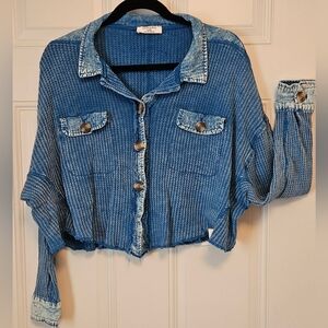 Zenana Blue Button-Up Waffle Knit Crop Jacket